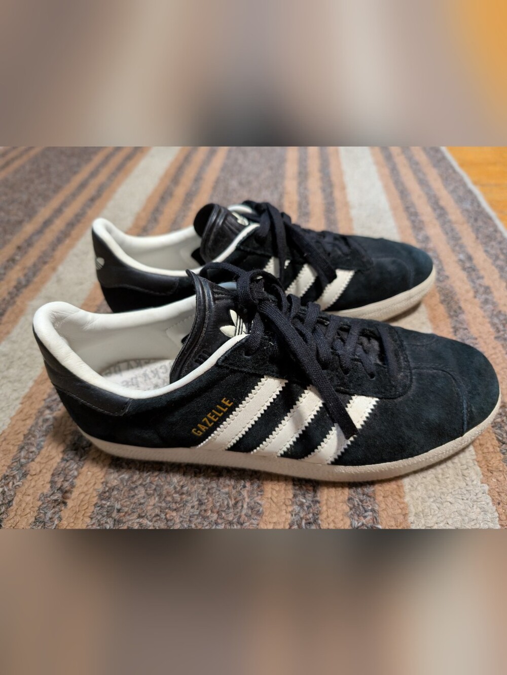 Mi Black Suede Sneakers with White Stripes and Gold Accent